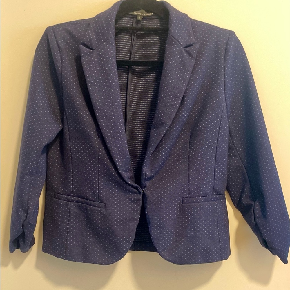 Amanda & Chelsea 3/4 ruched sleeve navy blue & white  blazer size large - Picture 6 of 9